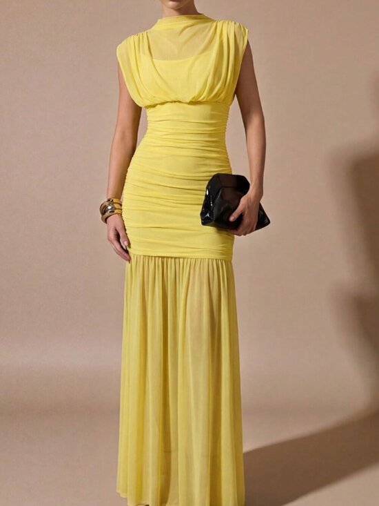 Dresses & Skirts - Yellow Elegant Women's Wrap Shawl Sheer Ruched Mini Dress